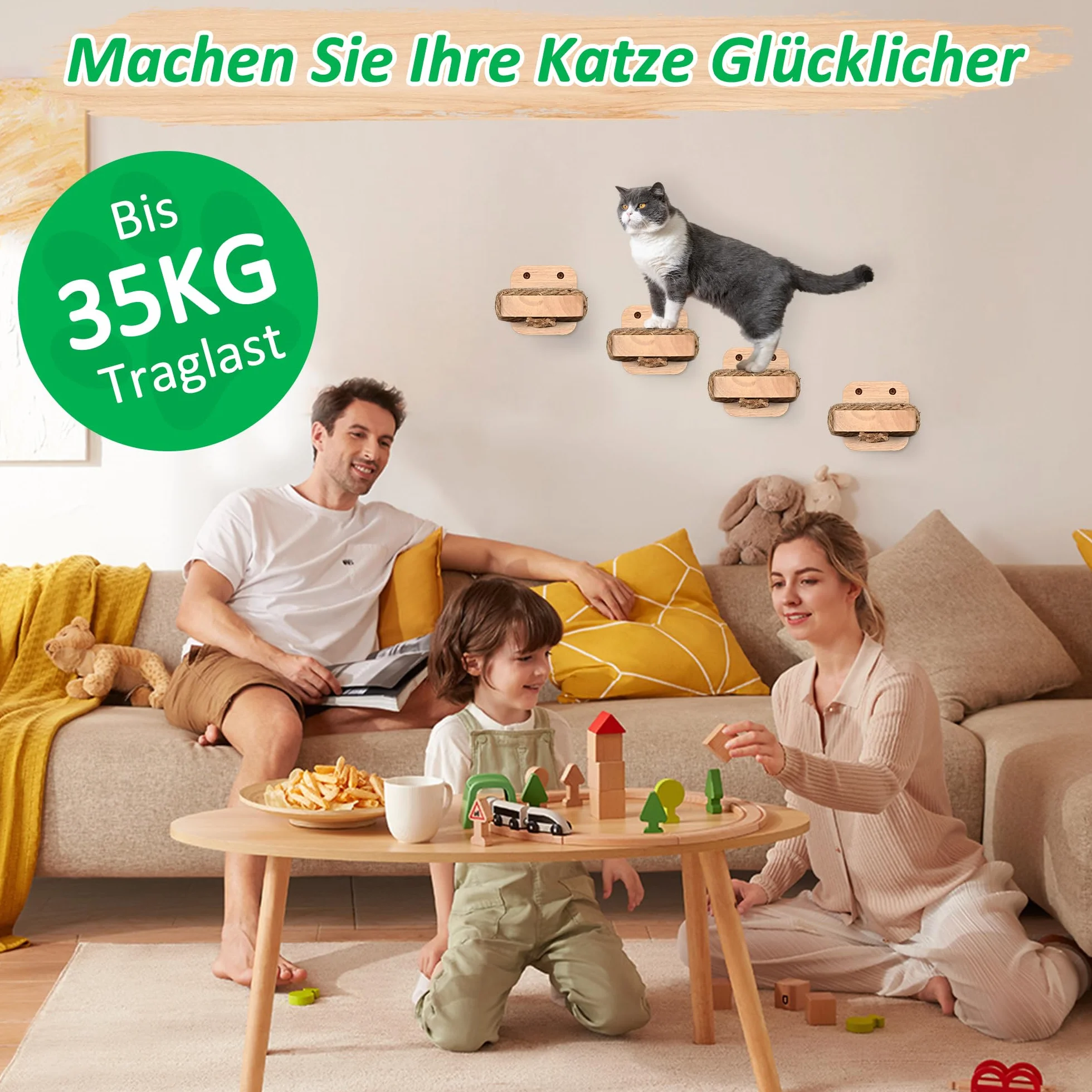 Ściana schodowa dla kota (4 szt.), ścianka wspinaczkowa dla kotów, z wkładką rzemieślniczą, z litego drewna gumowego o grubości 2 cm, do wspinaczki kotów, maksymalna nośność 35 kg