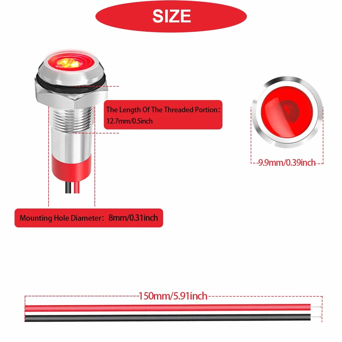 10 szt. 8 mm AC/DC 12-24 V LED metalowa lampa sygnalizacyjna, wodoszczelna, 5 kolorów (czerwony/żółty/niebieski/zielony/biały) z kablem o długości 150 mm, metalowy kierunkowskaz LED i