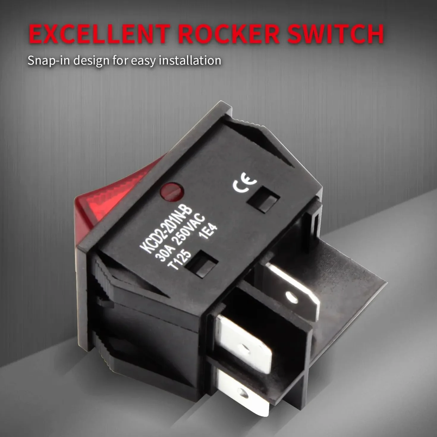 Przełącznik kołyskowy czerwony 30A 250~4Pin wymiary montażowe 30 x 22 mm włącznik/wyłącznik kołyskowy podświetlany