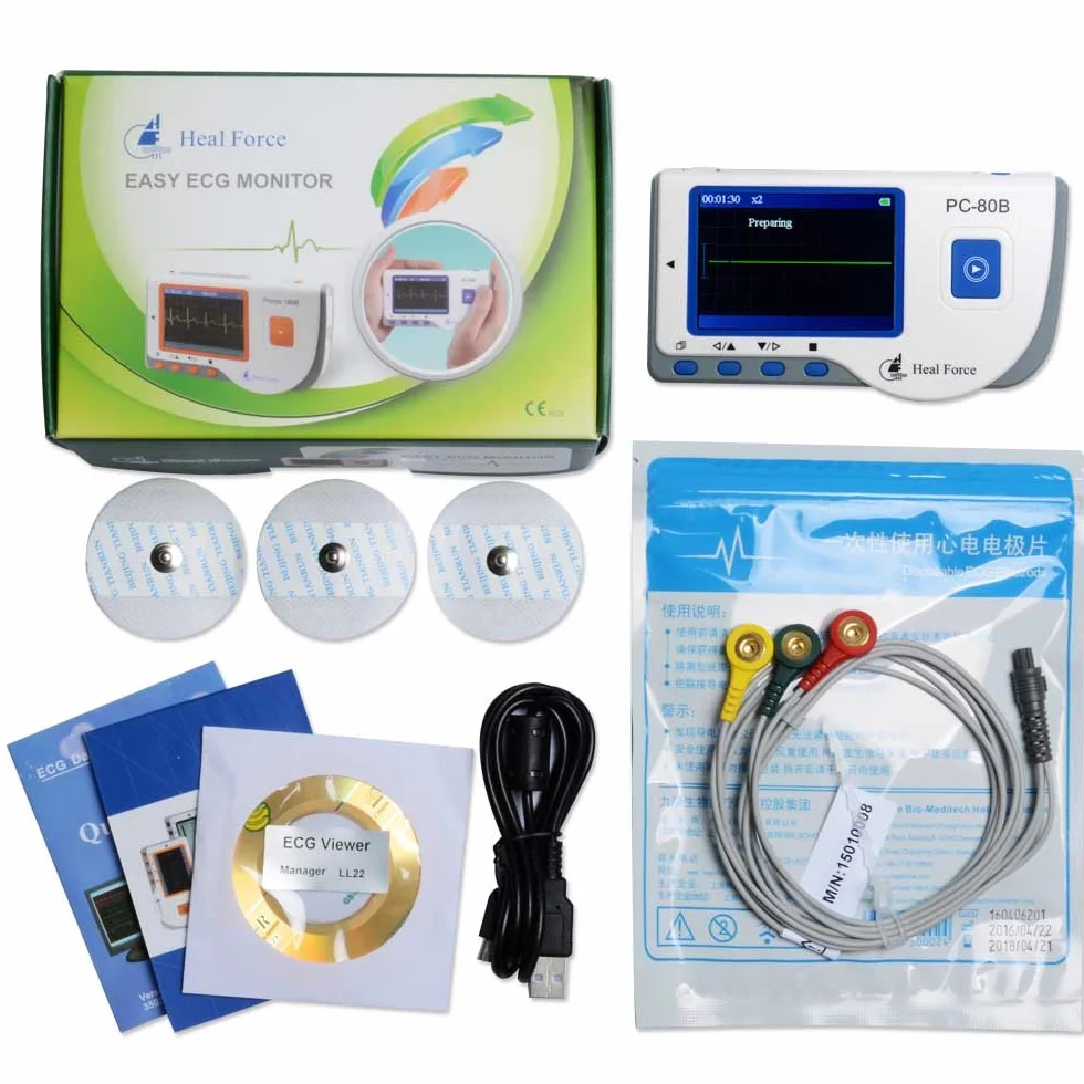 PC-80B Łatwy przenośny monitor EKG z 3-przewodowym kablem EKG, elektrodami, oprogramowaniem i kablem USB z certyfikatem CE