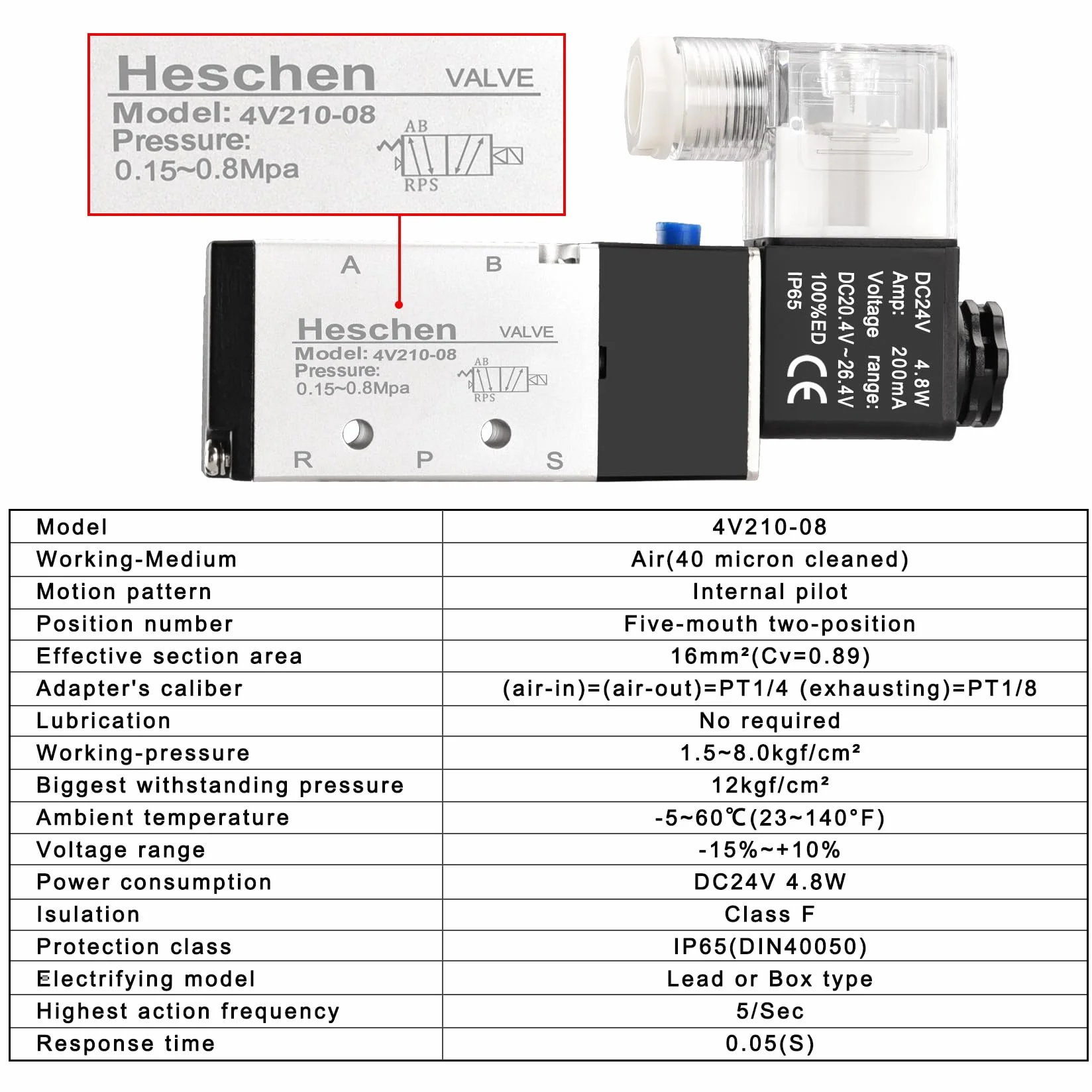 Heschen Elektryczny zawór elektromagnetyczny 4V210-08 24VDC PT1/4 5-drożny 2-pozycyjny