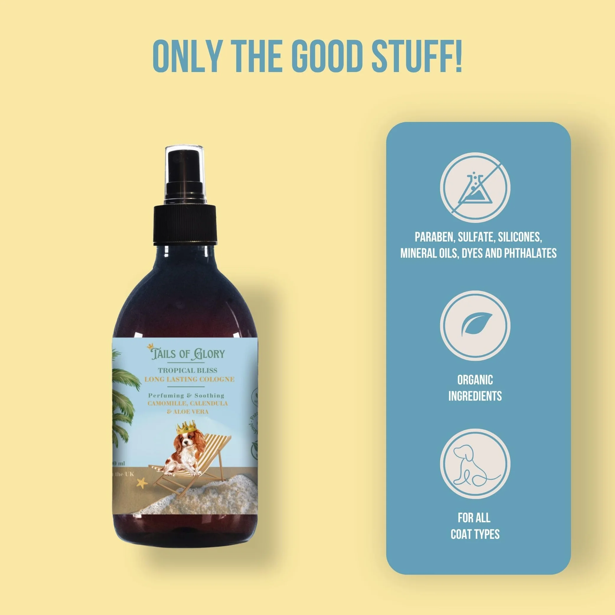 100% naturalne perfumy dla psów – Tropical Bliss spray zapachowy z olejem kokosowym dla psa – uspokajające, wegańskie – rumianek, nagietek, aloes – dezodorujący – wyprodukowano w