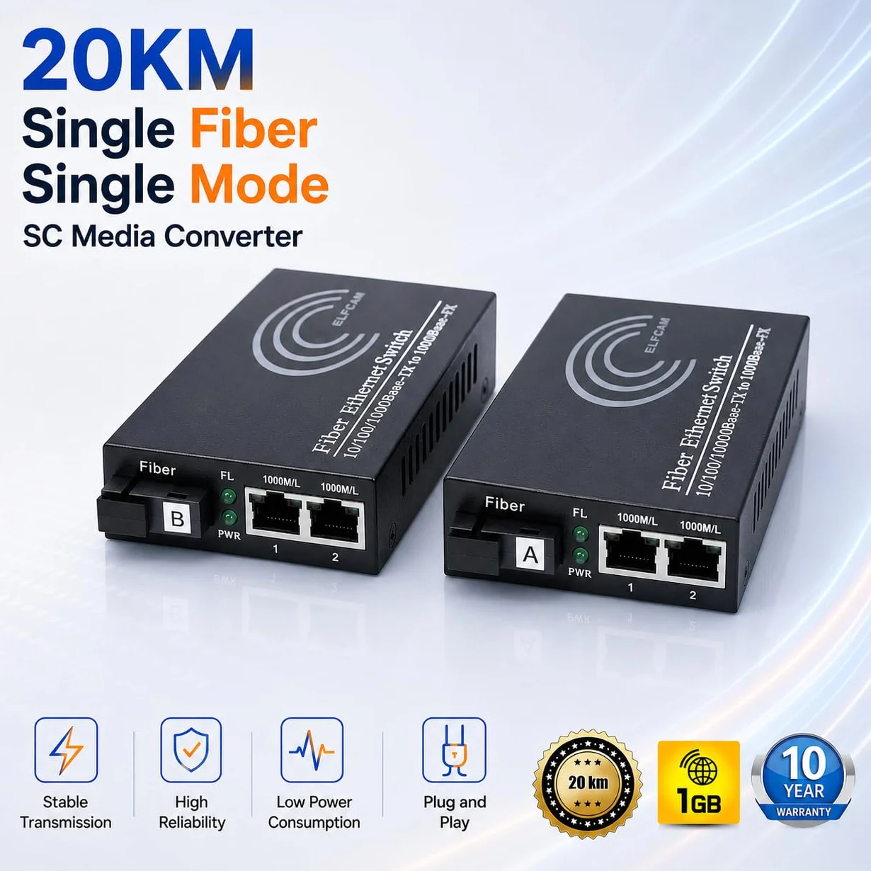 Elfcam® - Zestaw 2 konwerterów światłowodowych Ethernet, dołączony konwerter mediów SFP, do odległości 20 KM przez światłowód SC Pojedynczy (2 porty RJ45 *2 porty RJ45)
