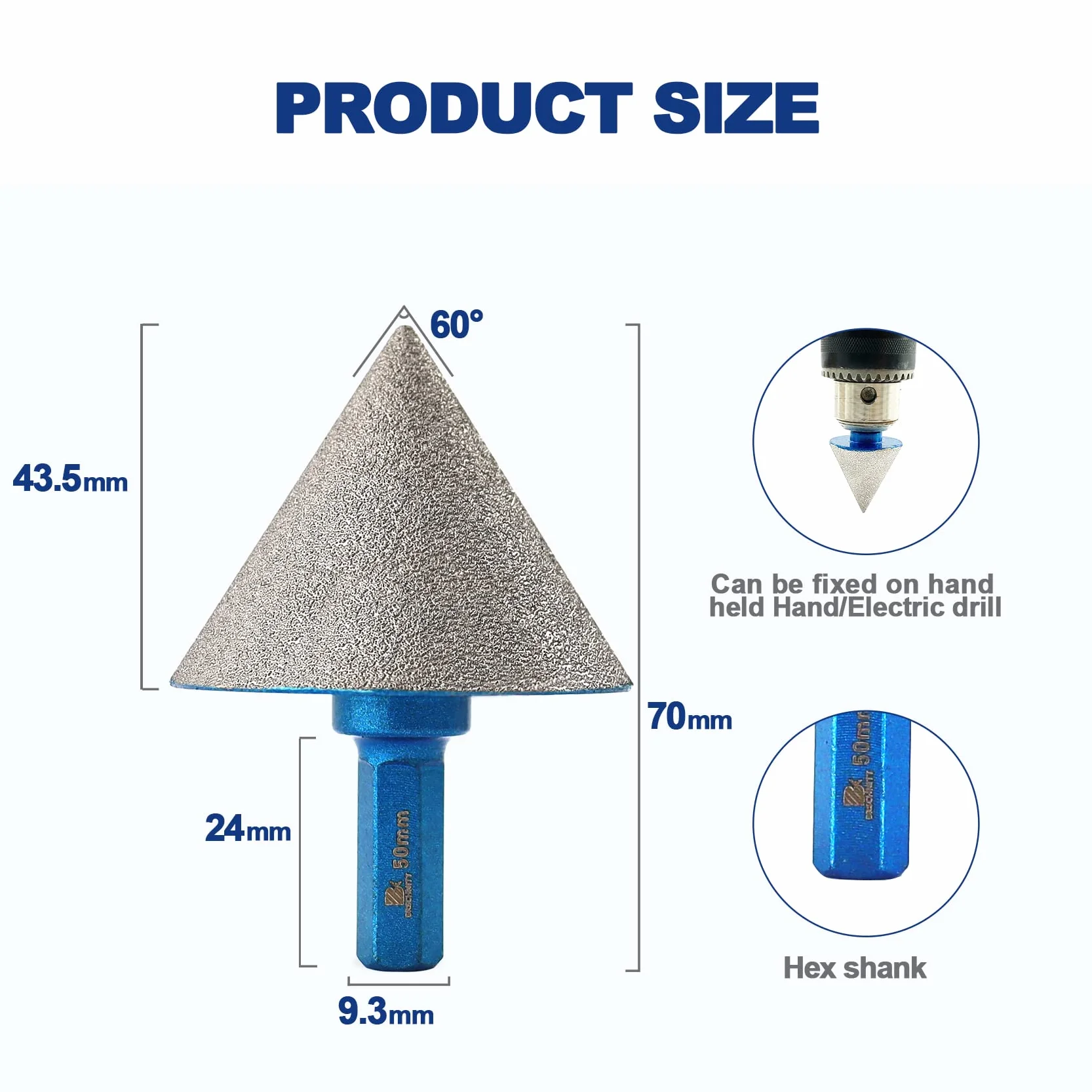 Bity fazowane diamentowe - BRSCHNITT 50 mm diamentowe wiertła pogłębiające 3/8" chwyt sześciokątny - do powiększania, polerowania, przycinania, zaokrąglania, kształtowania istniejących otworów marmurowych płytek porcelanowych granitu.
