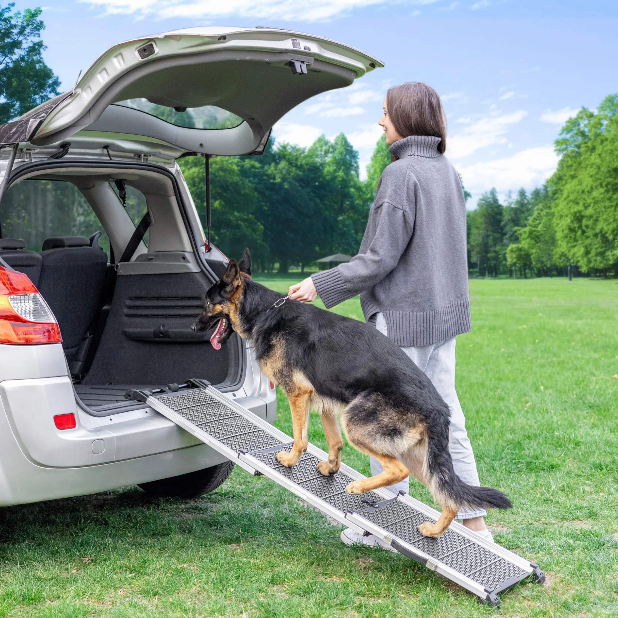 Samochodowa rampa dla psów, składana, teleskopowa, aluminiowa rampa dla dużych psów, stabilne schody dla psów do samochodu i SUV-a, antypoślizgowe, odblaskowe boki, obciążenie 90 kg, klips mocujący