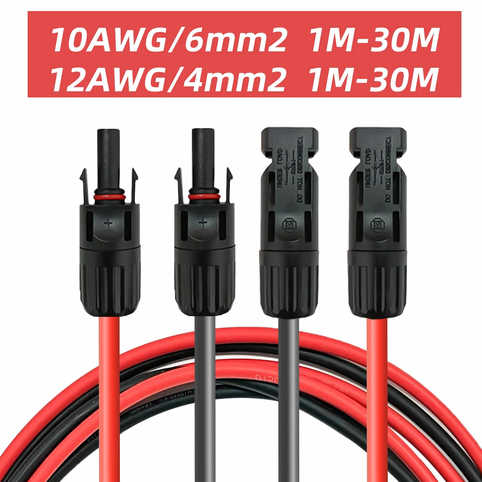 Profesjonalny kabel połączeniowy, przedłużacz z obu stron, wtyczka solarna, kabel solarny czerwony/czarny, 6 mm², wraz z zamontowaną wtyczką solarną (4 mm² 1 m)