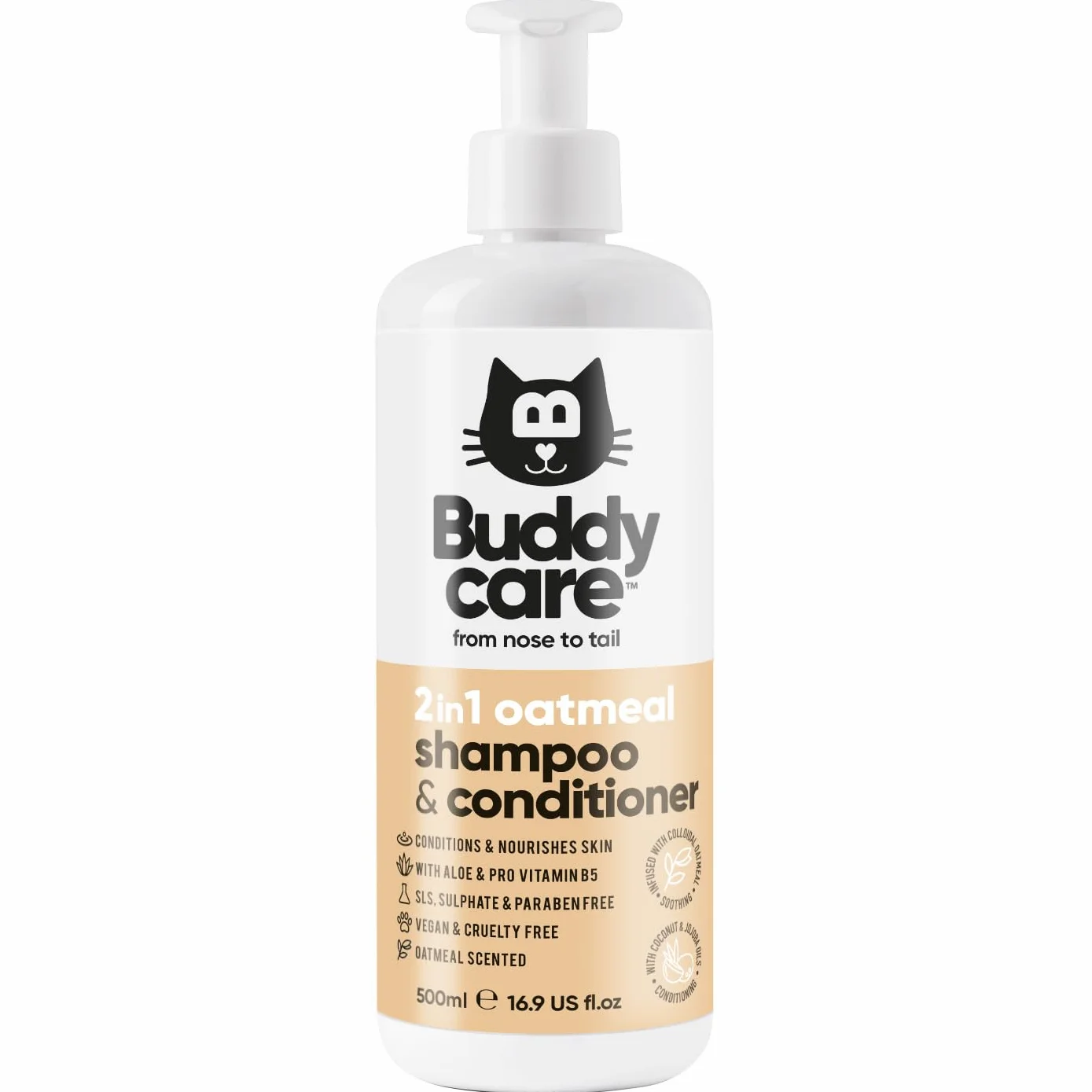 Buddycare Szampon i odżywka z owsa dla kota 2 w 1 (500 ml), wegańska, wolna od okrucieństwa i zrównoważone pH - wzbogacony o aloes i prowitaminę B5, głębokie czyszczenie dla zdrowej sierści
