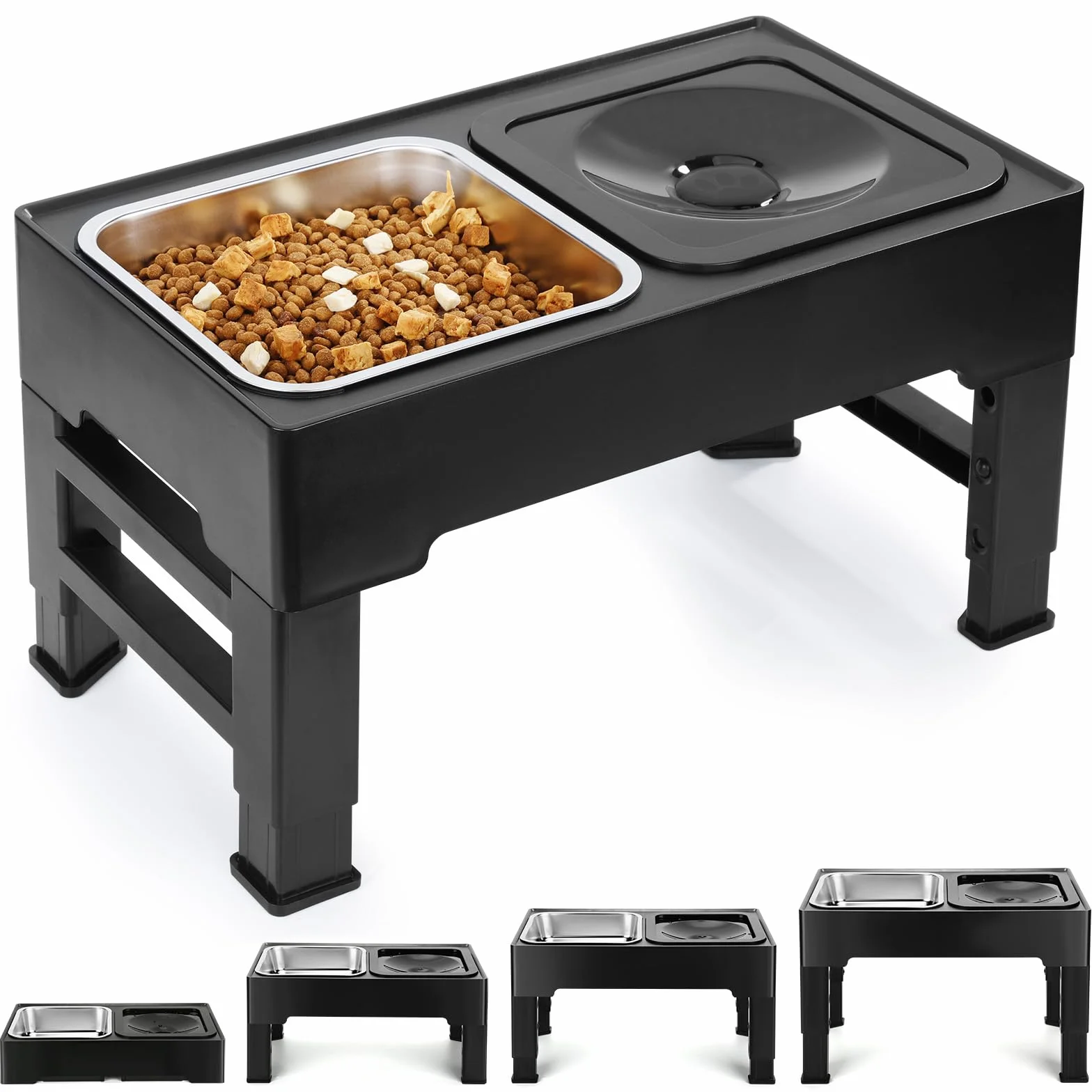 PETTOM Podwyższona miska dla psa 2x1600ML, miski dla psów ze stojakiem 4 regulowane wysokości dla dużych, średnich i małych psów, miska na wodę dla psa bez rozlania i stalowa miska na karmę dla psa w