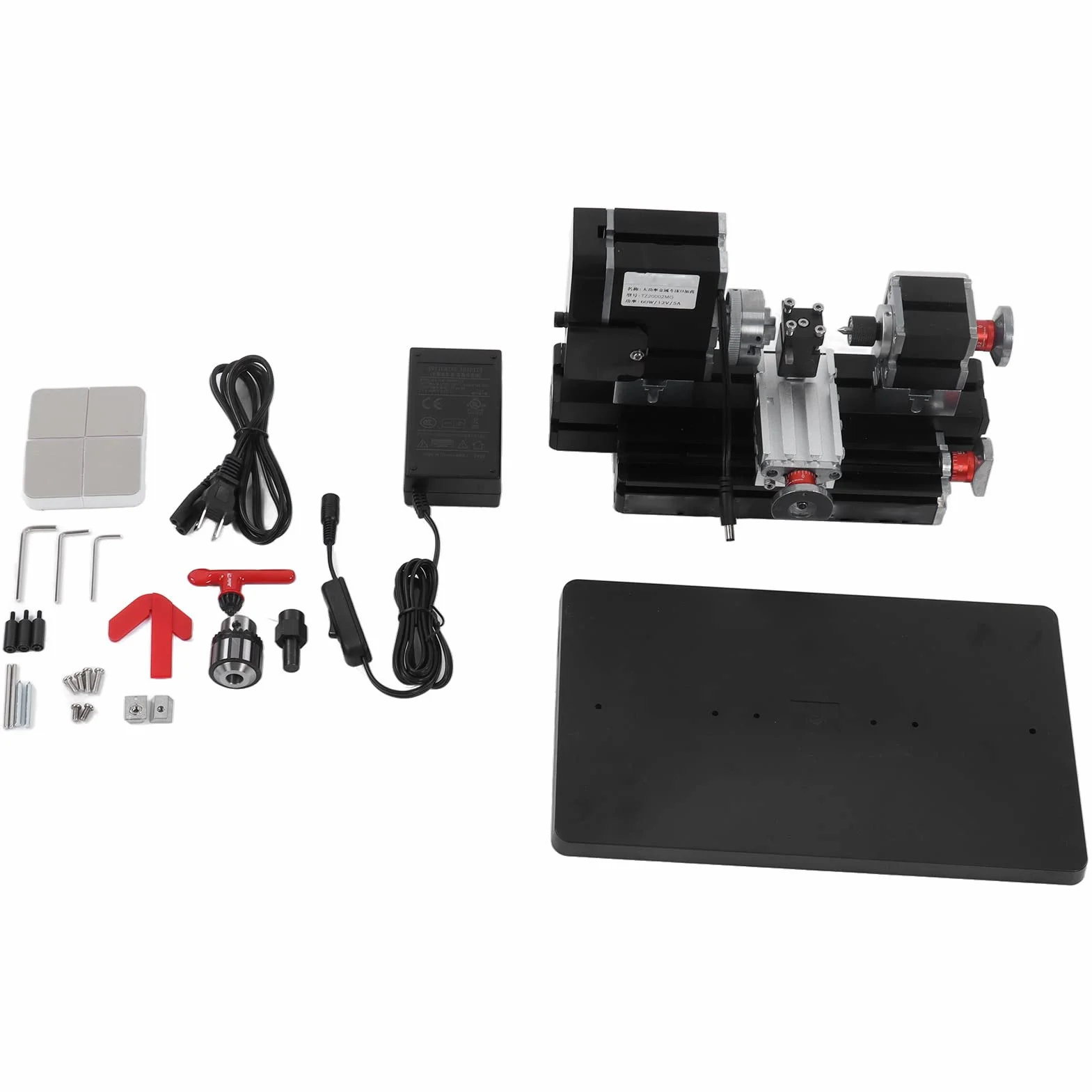100-240V Micro Tokarka Mini Tokarka do Metalu Szlifierka 12VDC 5A 60W 12000RPM Tokarka Obrotowa o Dużej Mocy z Uchwytem Wiertarskim do Obróbki Drewna Plastik Miękki Metal(Wtyczka UE)