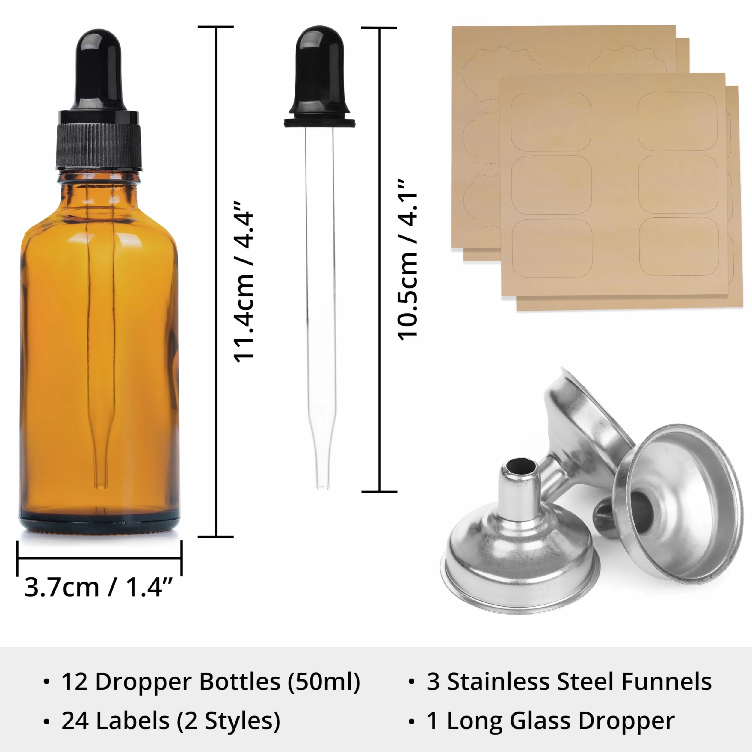 Szklane Butelki Bursztynowe 50ml z Pipetą Zestaw 12 szt.