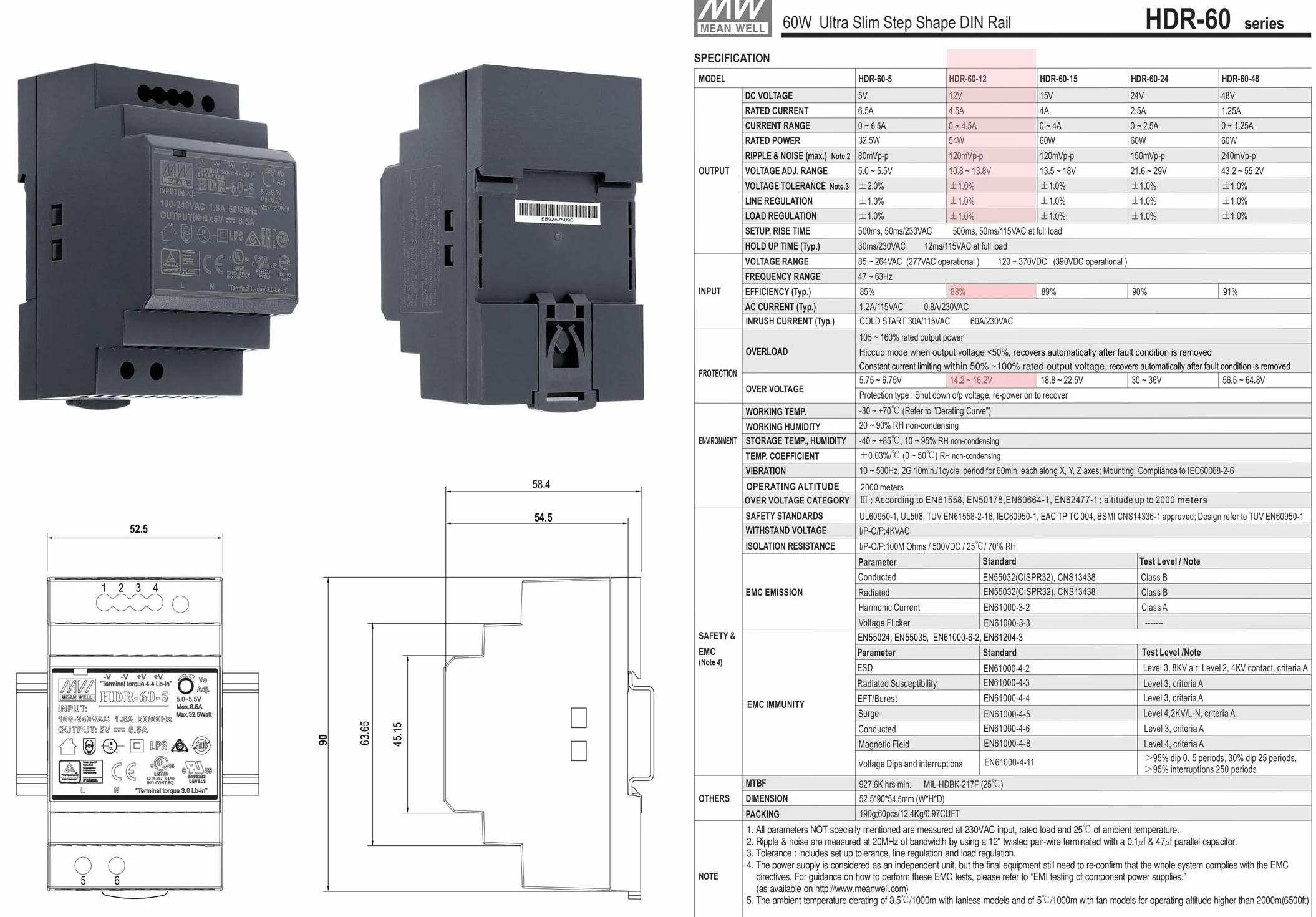 12 VDC | 4,5 A | 54 W | Mean Well HDR-60-12 zasilacz szynowy DIN-Rail