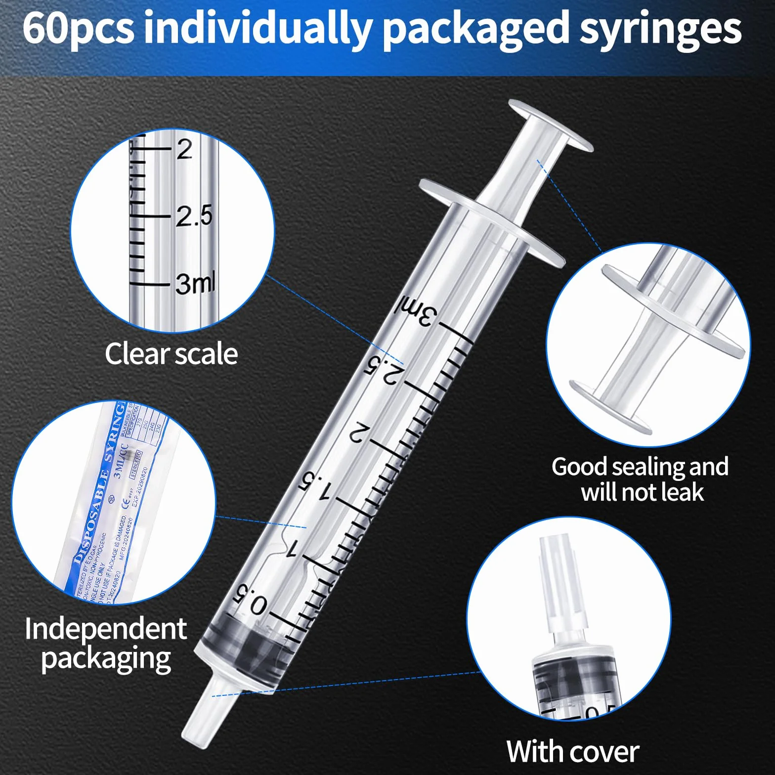 60 sztuk strzykawek 3 ml, pakowane pojedynczo z nasadkami, jednorazowe strzykawki 3 ml, strzykawka z miarką płynu, strzykawka 3 ml, do karmienia zwierząt domowych, laboratoriów, płynów i nawadniania