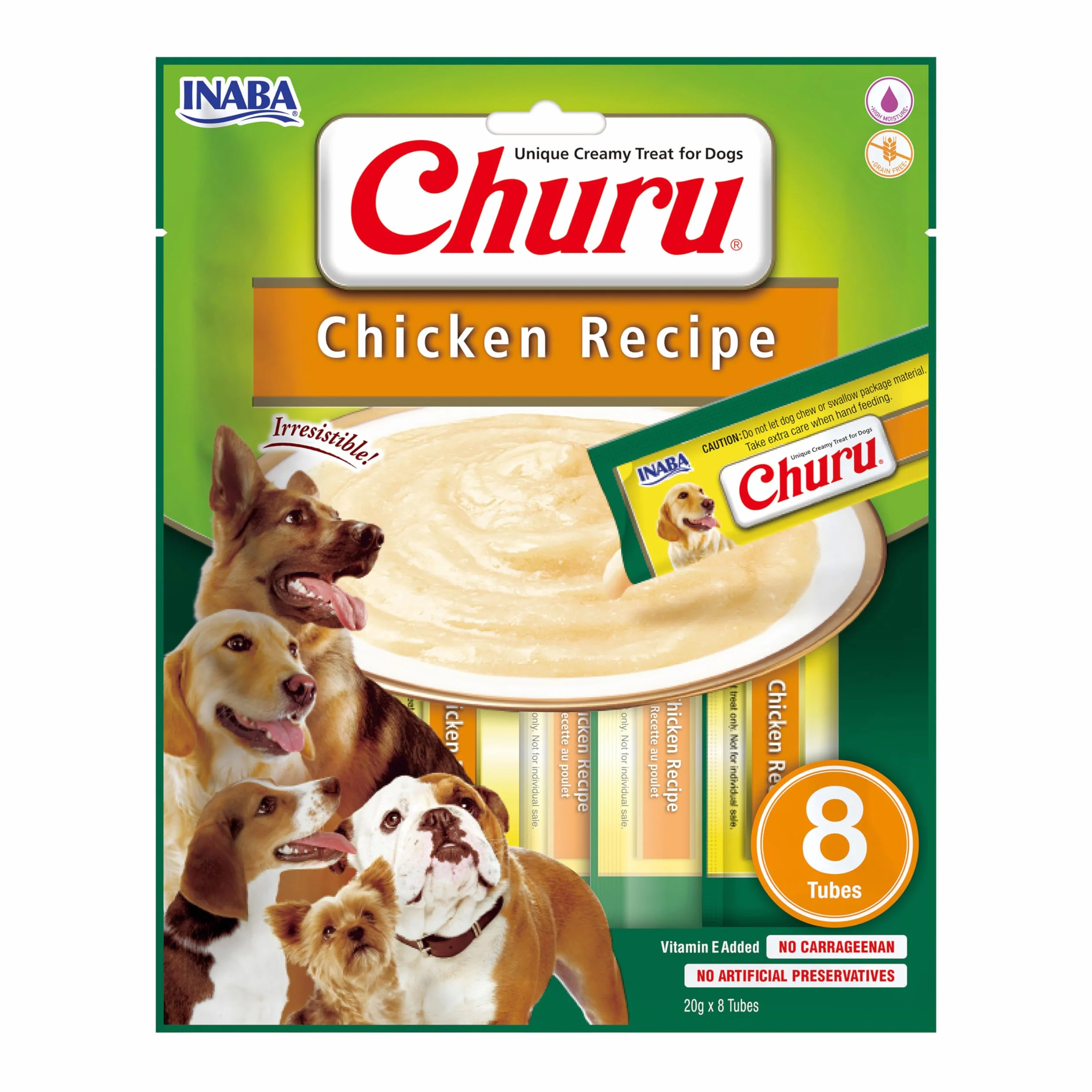 INABA Churu Puree Przysmaki dla psów – pyszna przekąska dla psów w poręcznych porcjach, bez zbóż, kurczak (8 tubek)