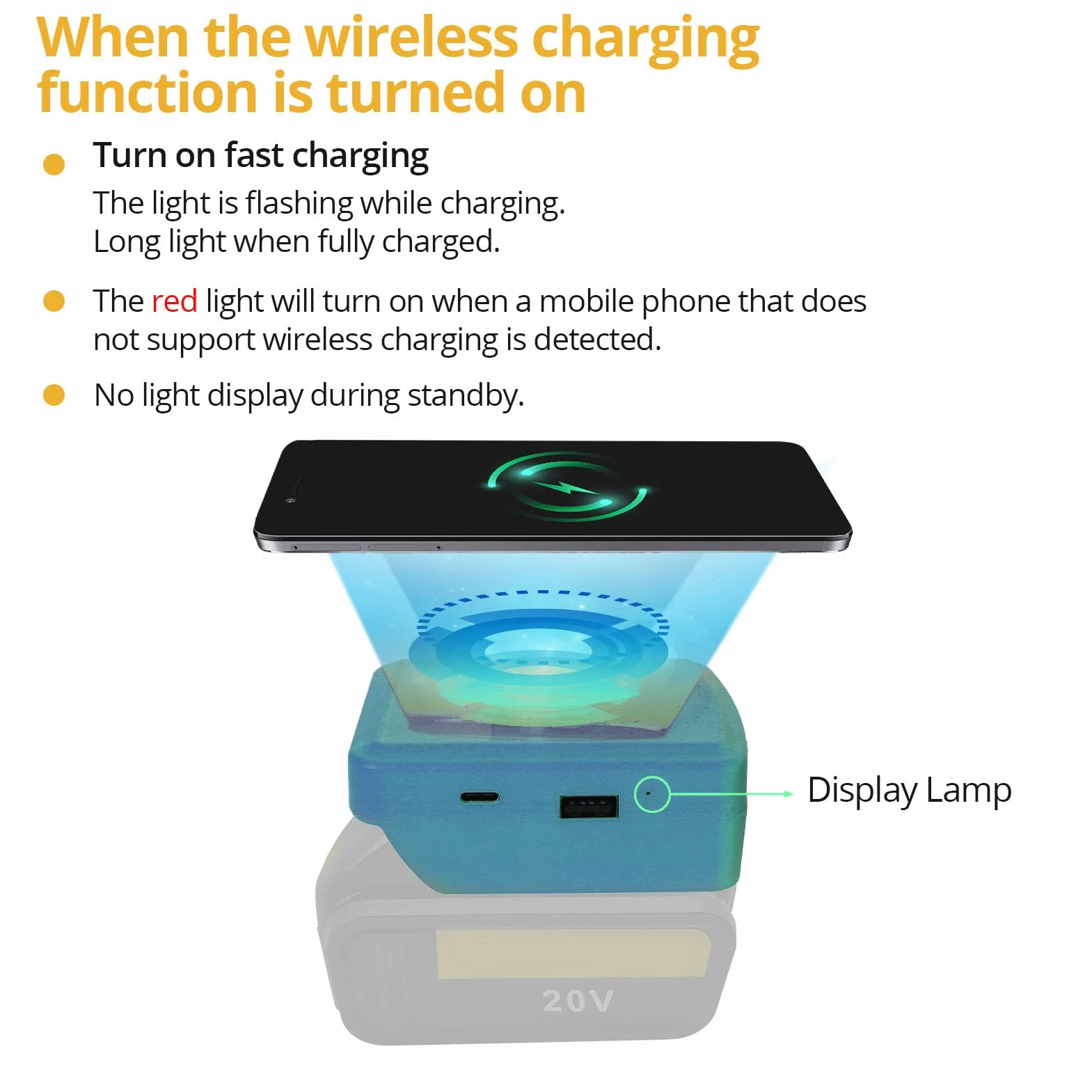 Fafeicy Bezprzewodowa ładowarka do Telefonu Adapter Baterii 15 W Bezprzewodowe ładowanie USB Typu C Porty USB DC Kompatybilne z baterią PARKSIDE X20V TEAM PAP20A1 PAP20A3 PAP20B1 PAP20B3