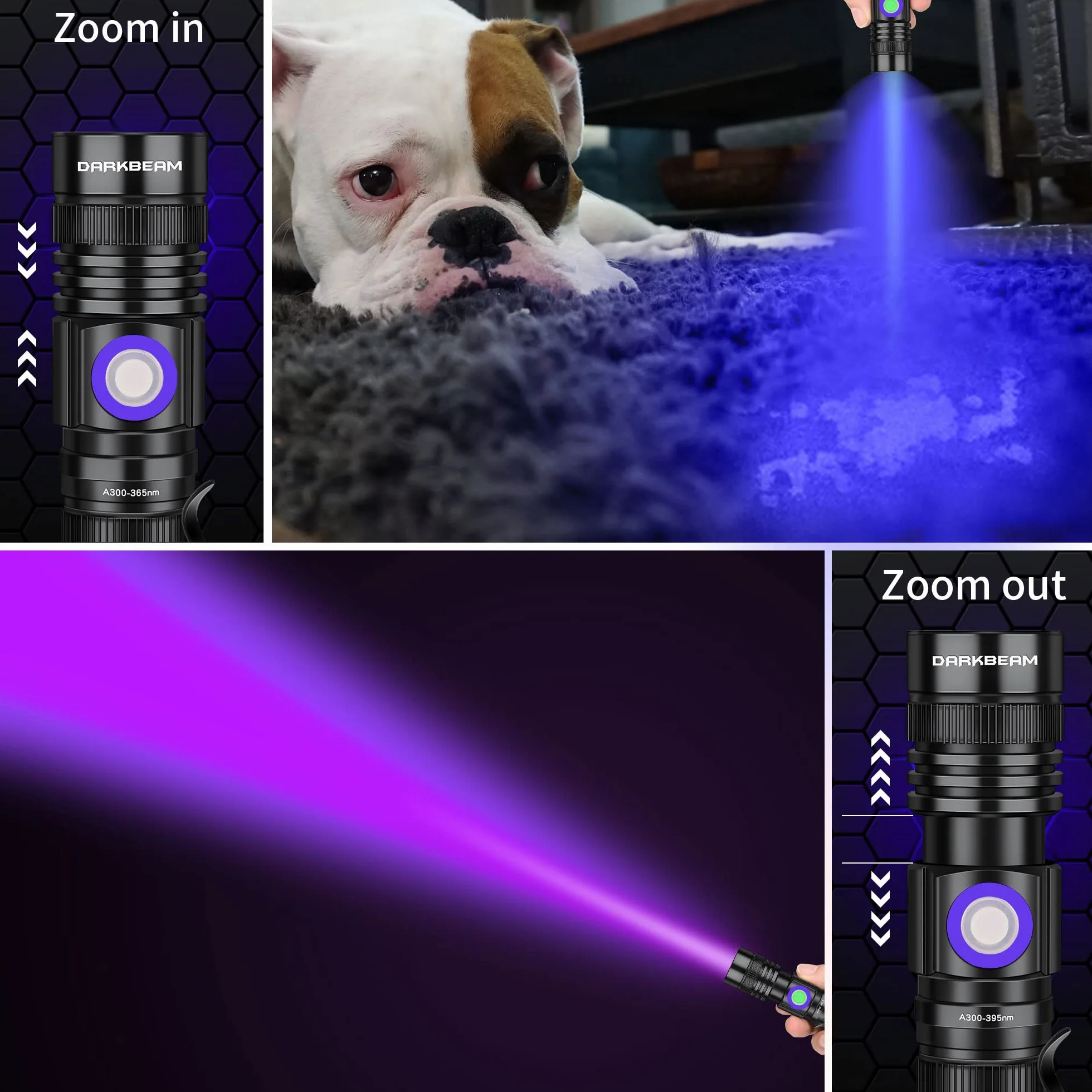 DARKBEAM Latarka UV 365 nm i 395 nm Blacklight ładowalna USB, lampa Wooda, ultrafioletowe czarne światło LED, przenośna, wykrywacz moczu zwierząt domowych, kotów, plam, utwardzania żywicy, szkła