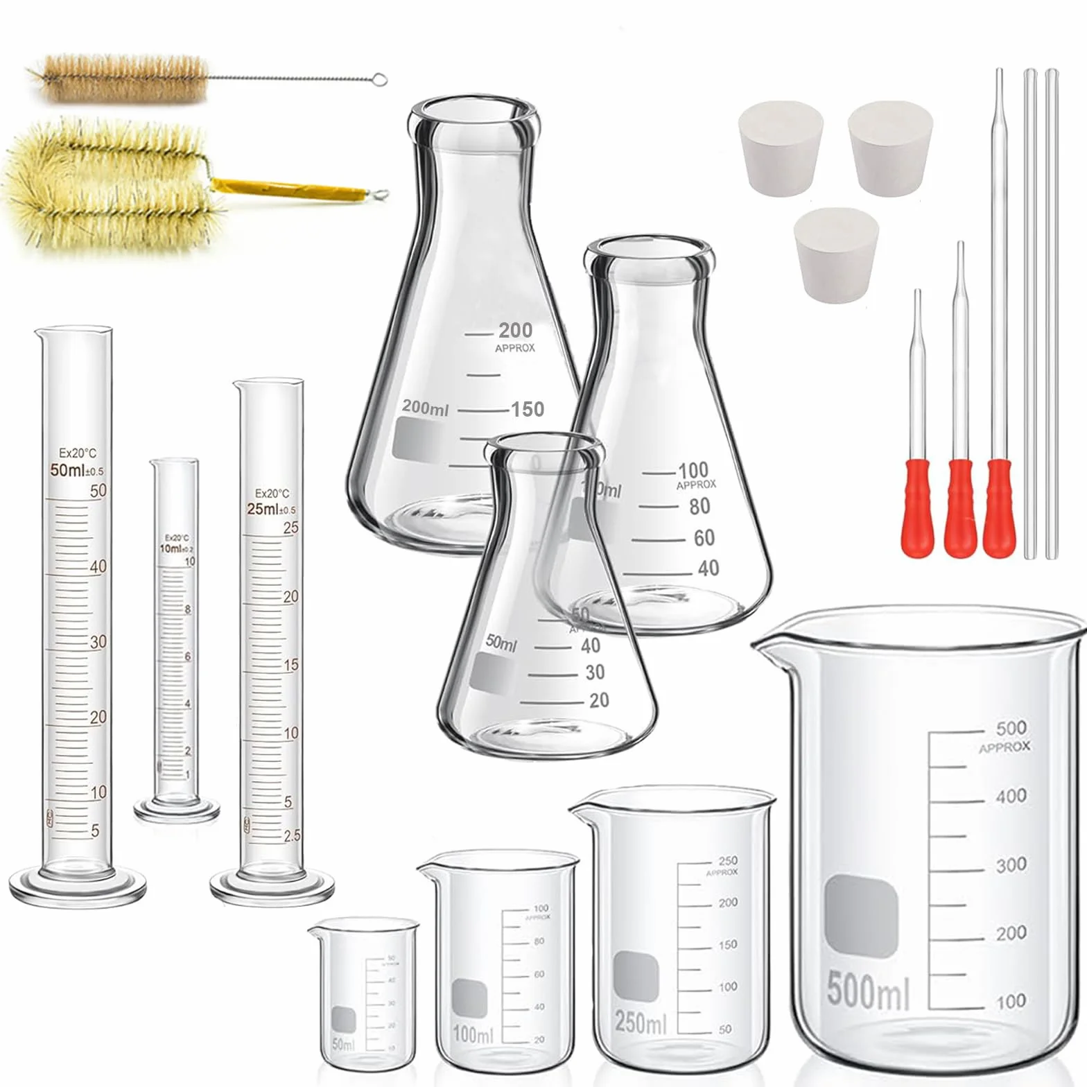 4-stopniowy zestaw zlewek Erlenmeyer, zestaw cylindrów z miarką, 3 szklane cylindry z 3 stożkowymi buteleczkami, z 3 szklanymi pipetami, 2 szklane mieszadła i 2 szczotki do mycia