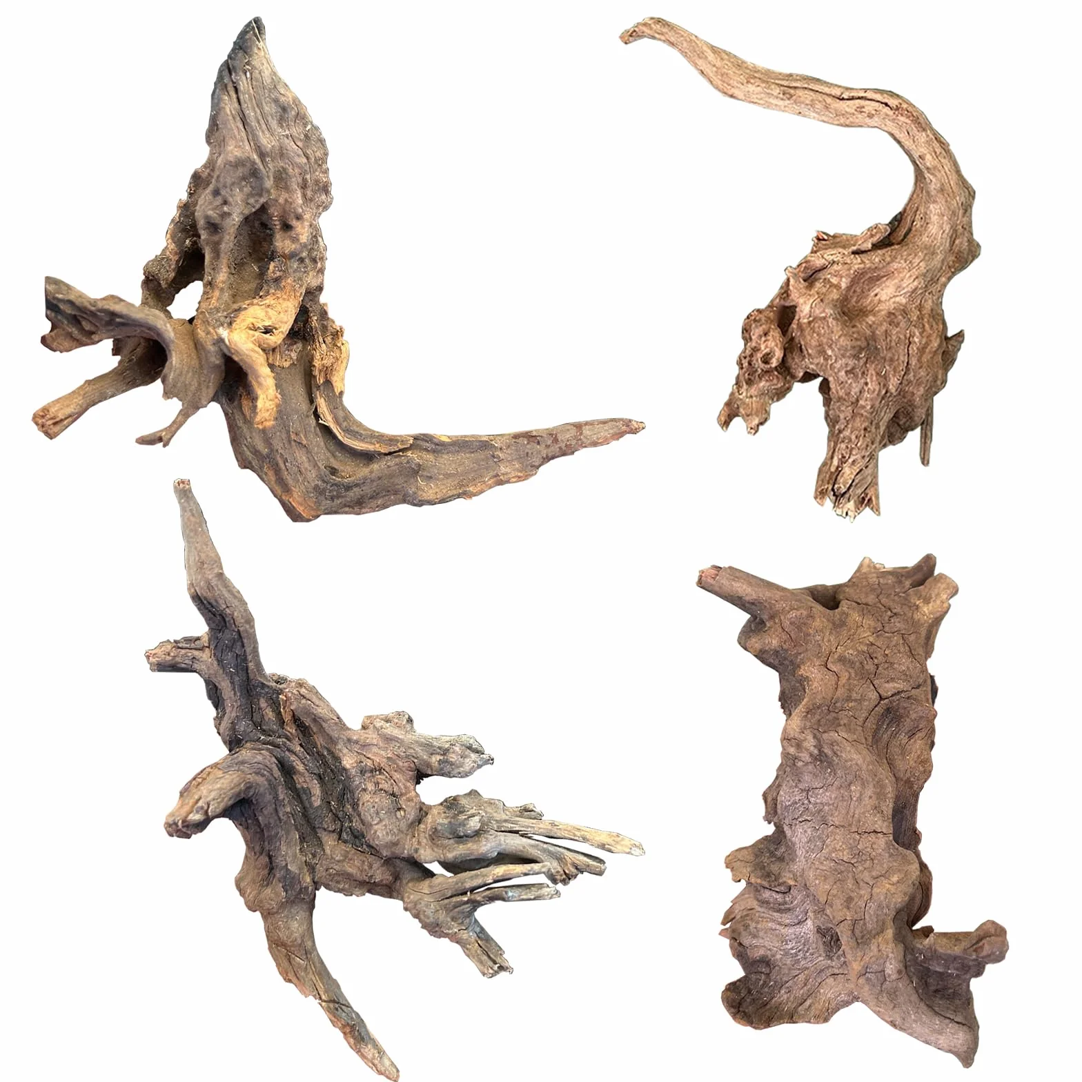 Korzeń moorkiena do akwarium, 4 sztuki, drewno do akwarium, 5-15 cm, dekoracyjny korzeń, pień drzewa, drewno korzeniowe, losowy kształt, drewno dryfujące gałąź, odpowiednie do dekoracji