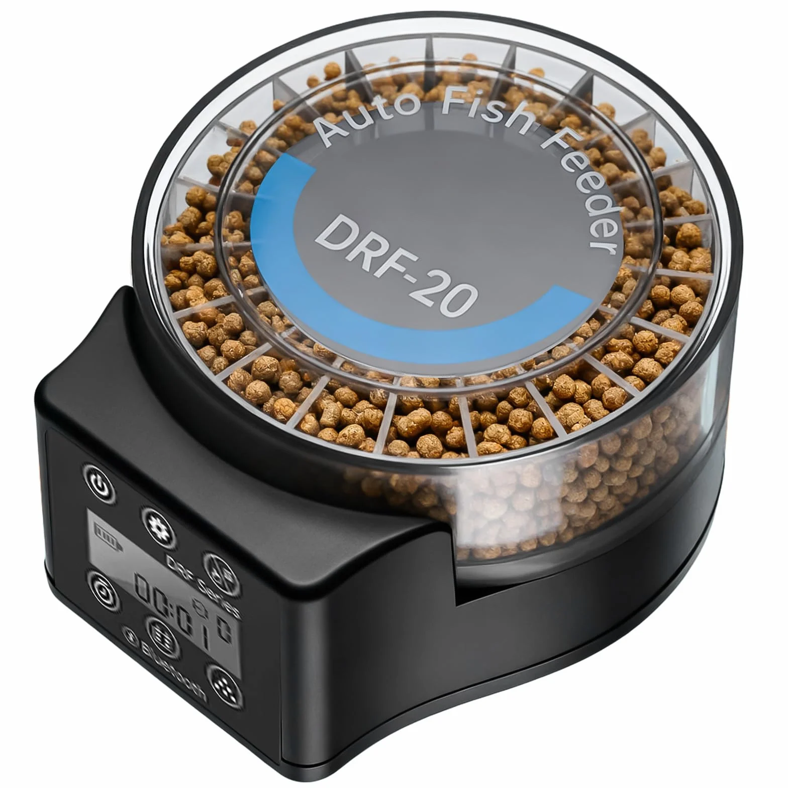 Automatyczny karmnik dla ryb do akwarium z timerem, dozownik pokarmu dla ryb z wyświetlaczem LCD, timer podawania pokarmu dla ryb (pojemność 20 x 7 ml)