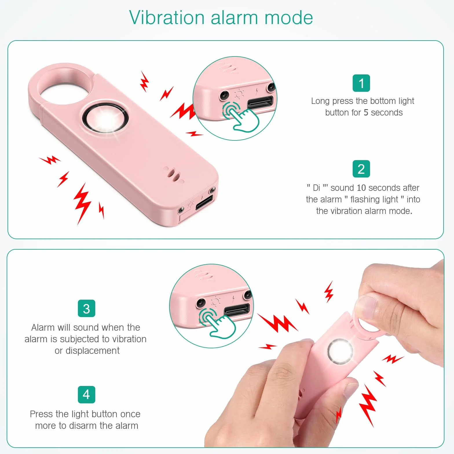 ORIA Osobisty Alarm Kieszonkowy 135 dB z Lampką LED Różowy