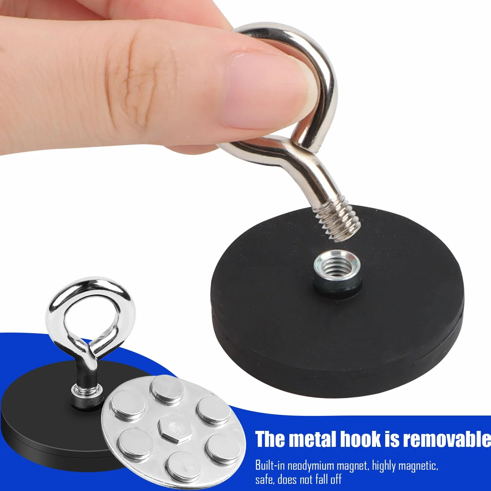 Silne magnesy neodymowe, 4 sztuki, okrągły magnes z pierścieniem do zawieszania M6, 43 mm, wkręcany magnes ziem rzadkich z otworem, gumowane magnesy, gwint zewnętrzny do warsztatu, rejsu