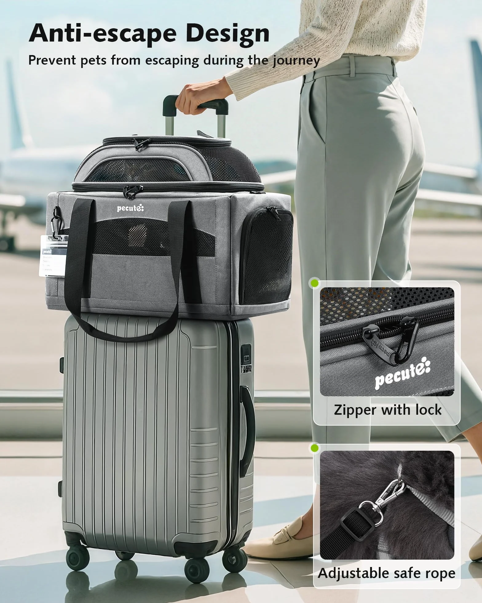 pecute Torba transportowa dla kota w samolocie, stabilna torba do noszenia zwierząt domowych, lekka, składana, dla kotów i małych psów, idealna do podróży, jasnoszara