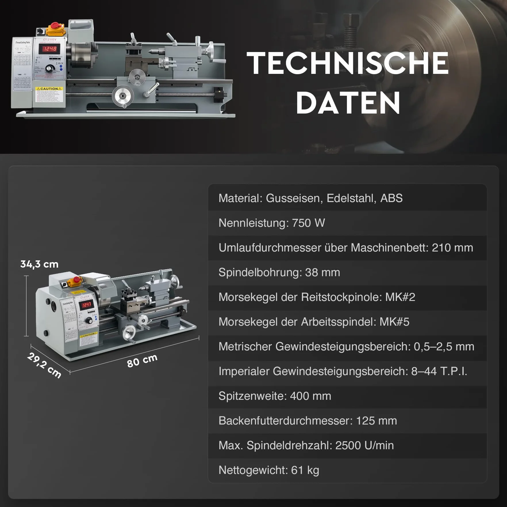 CREWORKS metalowa tokarka 750 W, tokarka 8x16 cali, stołowa tokarka 210x400 mm, tokarka metalowa 2500 obr./min, mini tokarka do metalu do precyzyjnej obróbki metalu, metalowa tokarka (8 x 16 cali)