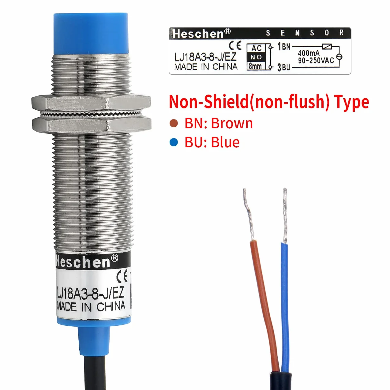 heschen Indukcyjny przełącznik zbliżeniowy czujnik Switch LJ18 A3–8-j/EZ Detektor 8 mm 90–250 VAC 400 mA zazwyczaj otwarty (No) 2 przewody