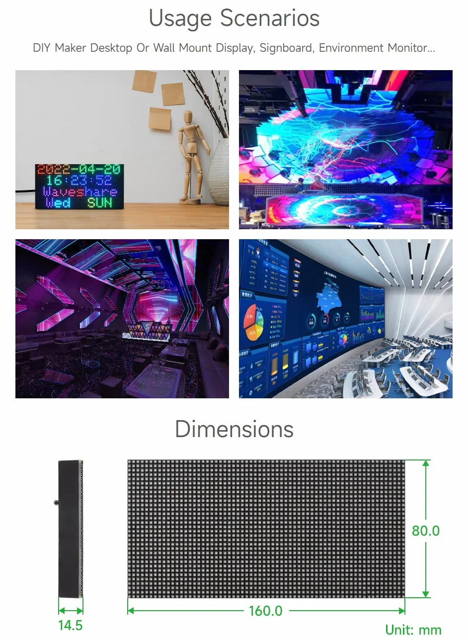 Waveshare RGB kolorowy panel matrycowy LED 2,5 mm podziałka 64 x 32 piksele regulowana jasność, kompatybilny z Raspberry Pi/Raspberry Pi Pico / ESP32