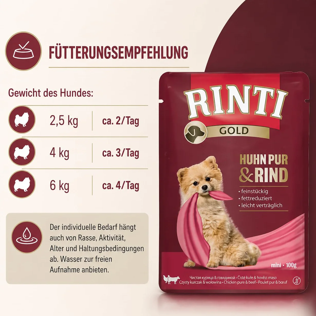 Rinti Gold Mini kurczak Pur i wołowina, 10 x 100 g, pełnoporcjowa karma dla dorosłych małych psów, wyłącznie dla wrażliwych psów w przypadku alergii, w woreczku świeżości