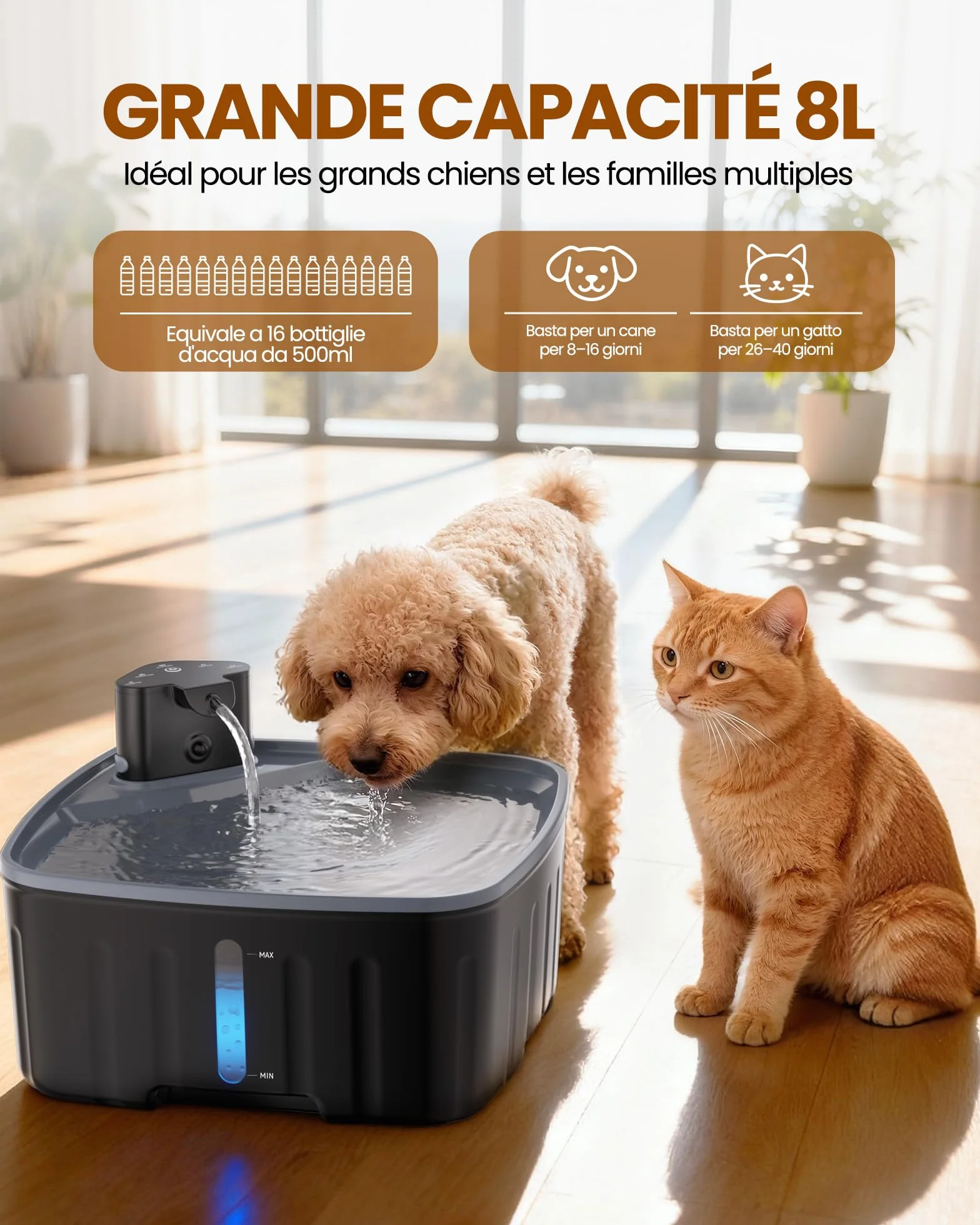 Kittyspout Bezprzewodowa fontanna do picia dla psów, 8L duża fontanna dla psów/kotów z czujnikiem ruchu, z akumulatorem 5000 mAh, z cichą pompą i filtrem z węglem aktywnym