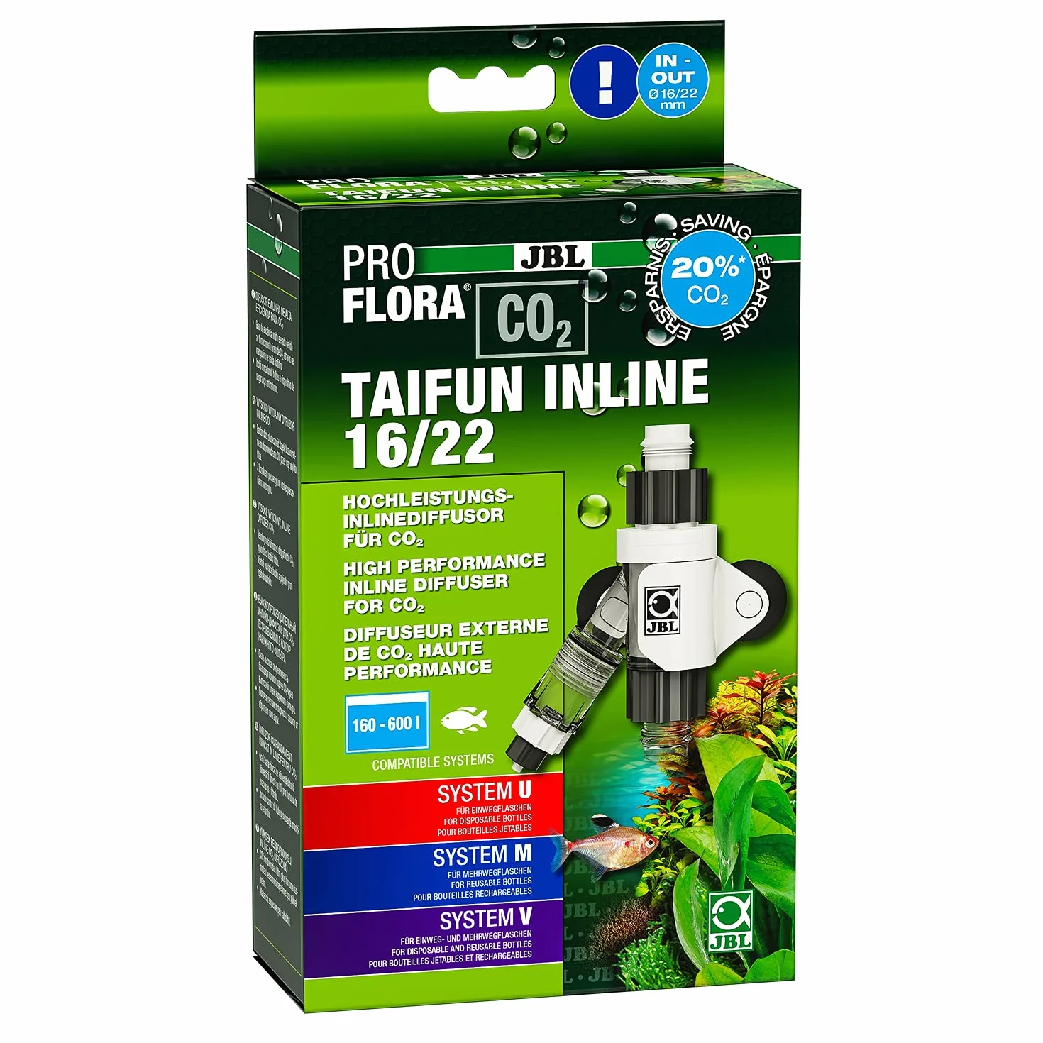 JBL PROFLORA CO2 TAIFUN INLINE 16/22, dyfuzor CO2, zintegrowany licznik pęcherzyków powietrza i ochrona przed przepływem wstecznym, do akwariów 160-600 l