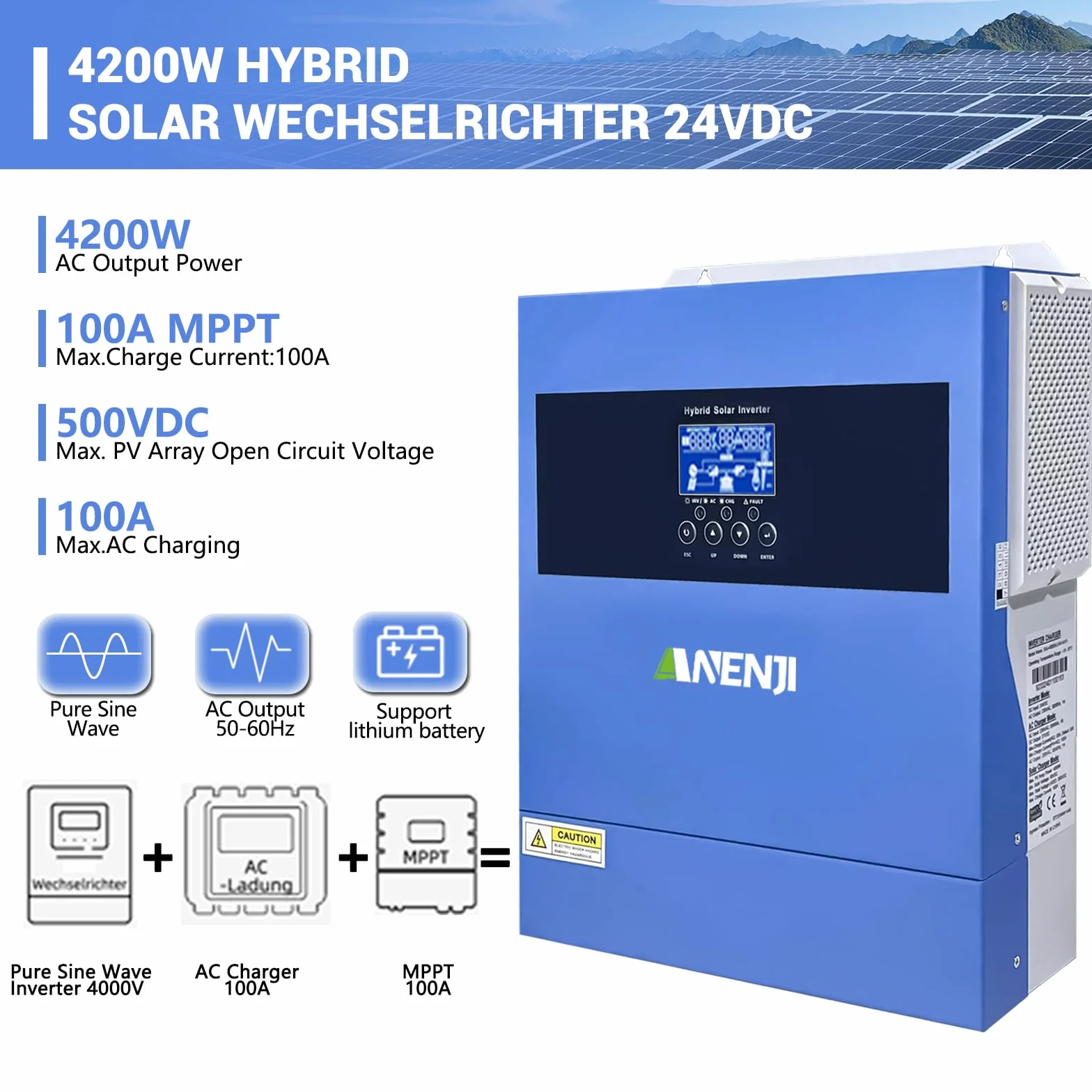 Solarny falownik hybrydowy 4.2KW 24VDC 230VAC MPPT 100A 500V WiFi