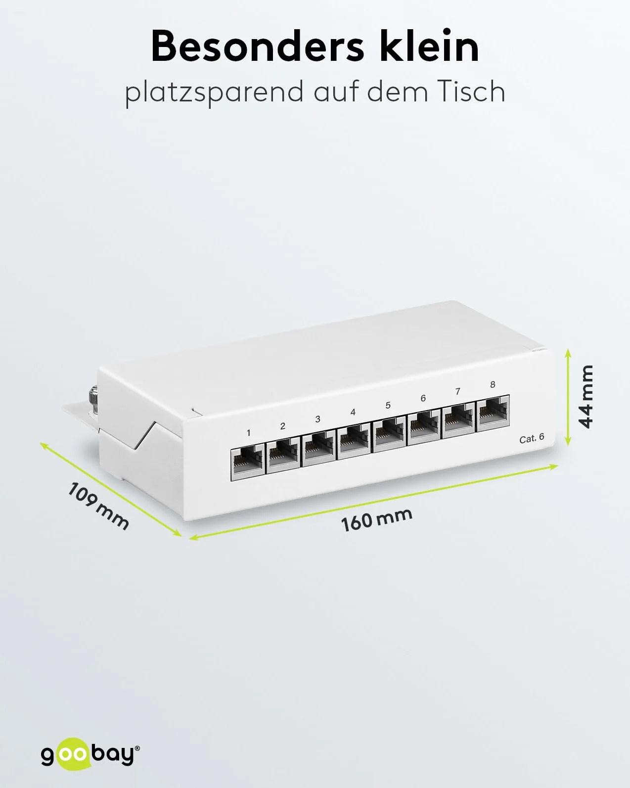 Goobay 62069 CAT 6 Patch Panel 8 portów/gniazda RJ45 wtyczka sieciowa / 250 MHz LAN panel krosowy/panel rozdzielający 1 HE/Mini Desktop panel krosowy montaż ścienny/biały