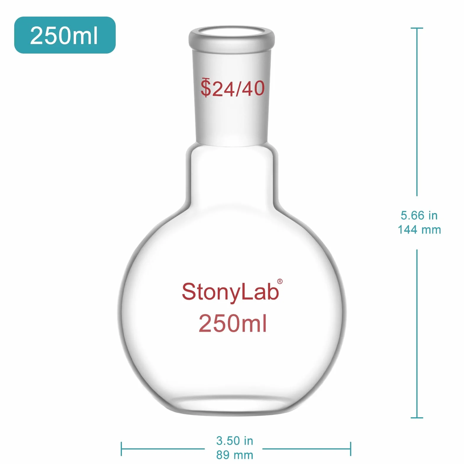 StonyLab 250ml Glas Einhals Flachboden Kochflasche mit 24/40 Standard Taper