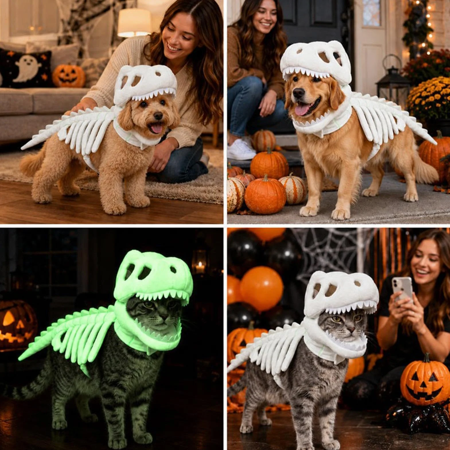 Kostium Dinozaura Szkielet Dla Kotów Świecące Halloweenowe Stroje Dla | Halloweenowy Kostium Szkieletu Dinozaura Szczeniaka Do Domu Mieszkania Sypialni Spotkań Przyjaciół